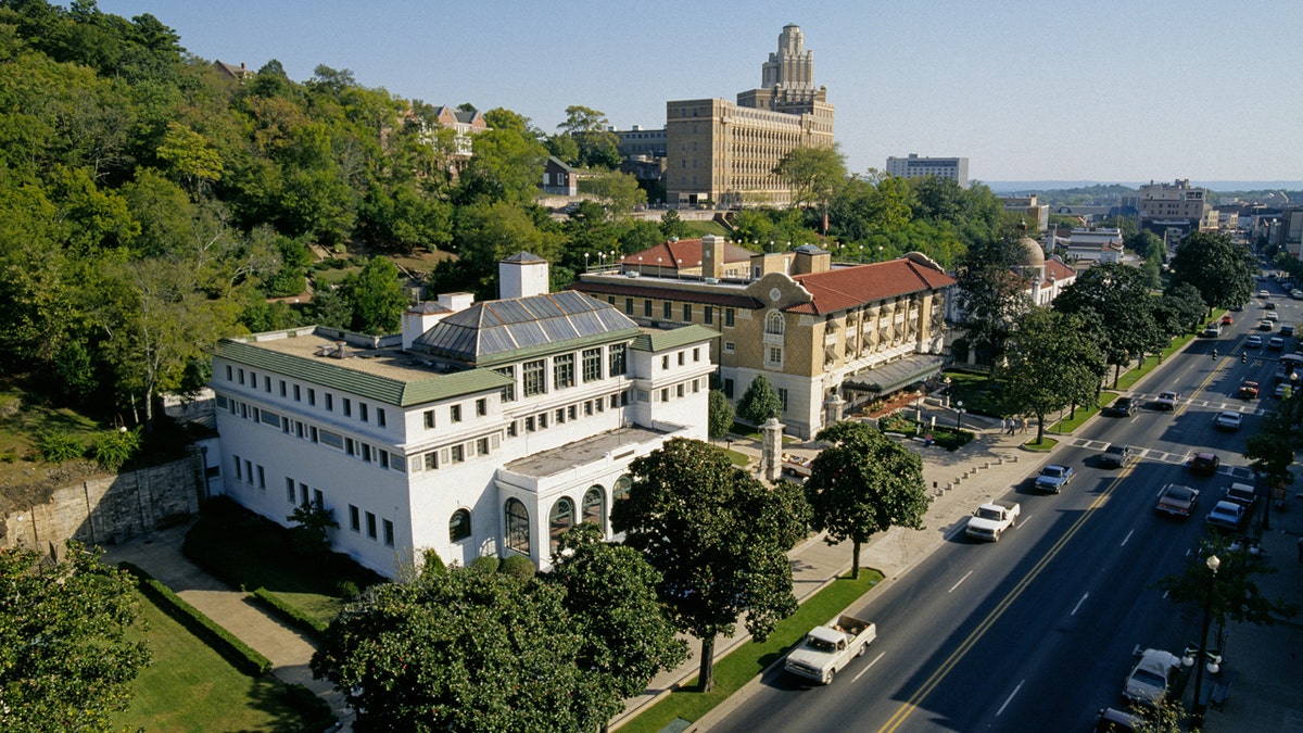 An overhead view of Bathhouse Row in Arkansas