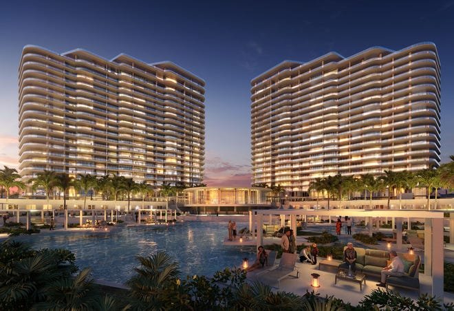 Rising 22 stories, the two towers of 224 residences are purposefully crafted to frame the sky, with cascading façades inspired by their waterfront setting.