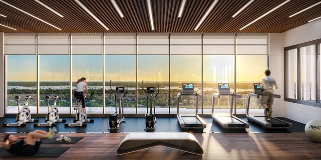 Aura’s 400-plus-square-foot yoga studio is located within the tower’s 1,800-square-foot fitness center which features floor to ceiling windows which maximize the incredible aerial views.