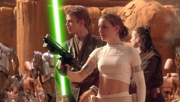 Anakin Skywalker (left) and Padme await battle in Star Wars Episode II: Attack of The Clones.