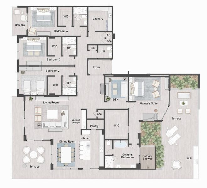 The Penthouse 5 floor plan (shown) has four balcony/terrace spaces that total an amazing 1,536 square feet, bringing the residence’s total square footage to more than 5,300.